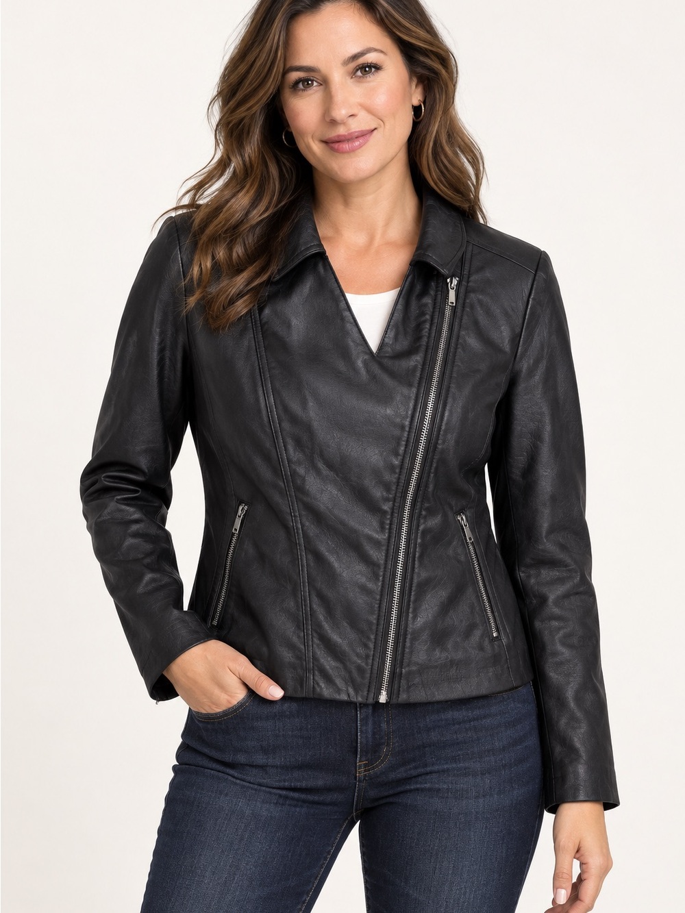 Chico’s Black Faux Leather Moto Jacket Size 1 (US 8/10)